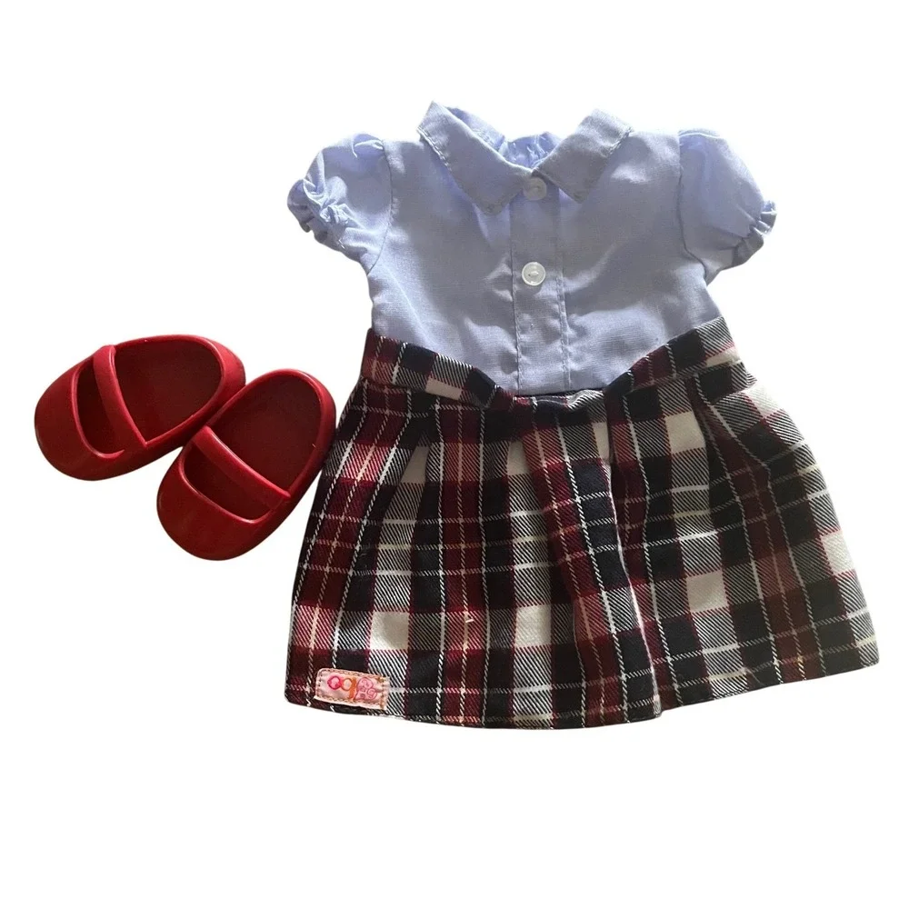 Our Generation 18 Inch Doll Outfit Plaid Skirt Blue Shirt Red Mary Jane Shoes